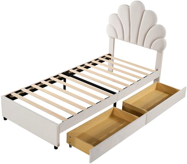 Polsterbett 90×200 cm mit 2 Schubladen und Blütenblatt-Kopfteil, Beige, ohne Matratze Bild 6