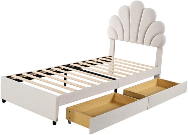 Polsterbett 90×200 cm mit 2 Schubladen und Blütenblatt-Kopfteil, Beige, ohne Matratze Bild 4