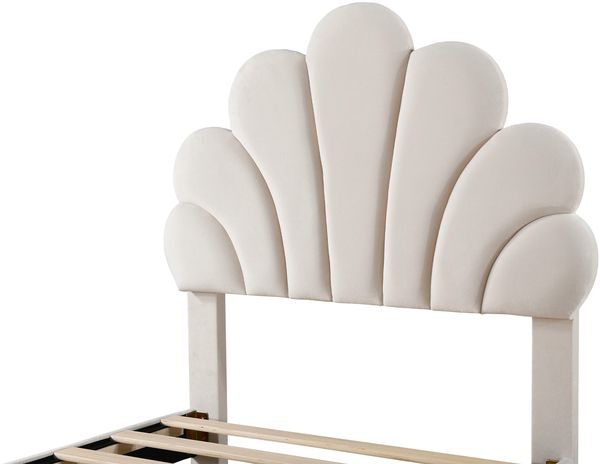 Polsterbett 90×200 cm mit 2 Schubladen und Blütenblatt-Kopfteil, Beige, ohne Matratze Bild 10