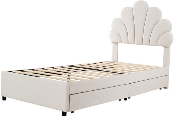 Polsterbett 90×200 cm mit 2 Schubladen und Blütenblatt-Kopfteil, Beige, ohne Matratze Bild 8