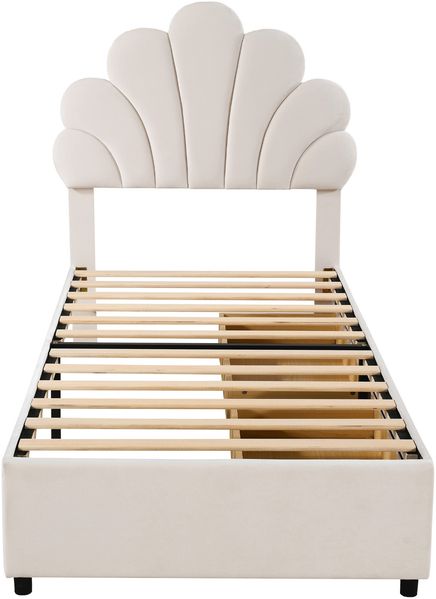 Polsterbett 90×200 cm mit 2 Schubladen und Blütenblatt-Kopfteil, Beige, ohne Matratze Bild 9
