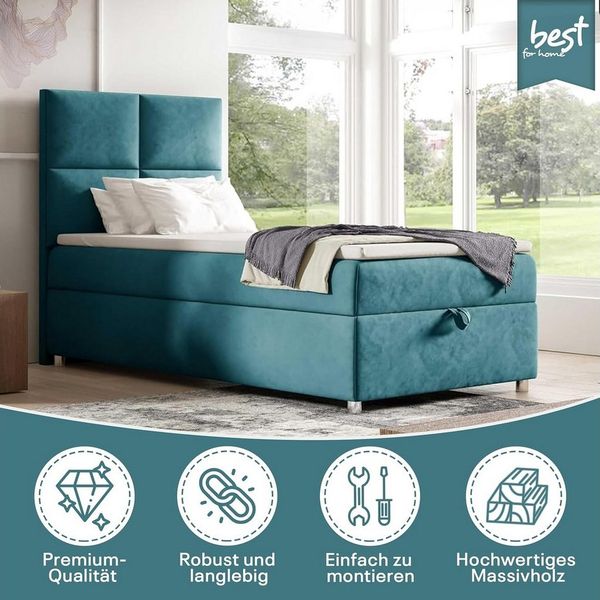 Best for Home Boxspringbett K2 SINGLE mit Bettkasten, Bonellmatratze & Komfort-Topper H3 (Einzelbett, Hotelbett, Polsterbett gepolstertes Kopfteil, Jugendbett, Kinderbett versch. Größen, 70x200 80x200 90x200 100x200 cm), verschiedene Liefermöglichkeite...