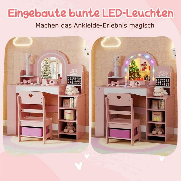 COSTWAY Schminktisch, Kinderfrisiertisch mit Stuhl, Spiegel, Beleuchtung