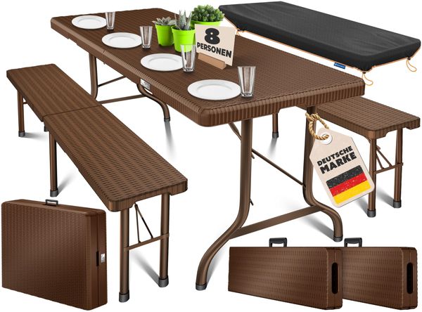Kesser® Bierzeltgarnitur 3-teilig Set, Klappbar, Polyrattan, 73 x 75 x 180 cm, Braun