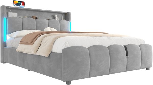 Polsterbett, LED-Beleuchtung, Kopfteil mit Staufach, hydraulisches Stauraumbett, USB- und Typ-C-Anschlüsse, ohne Matratze, Samt, Grau, 140×200 cm Bild 9