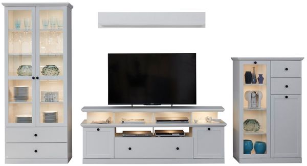 trendteam Wohnwand Baxter, (in Landhaus weiß, Komplett-Set 4-teilig, 370 cm), mit großem TV Lowboard