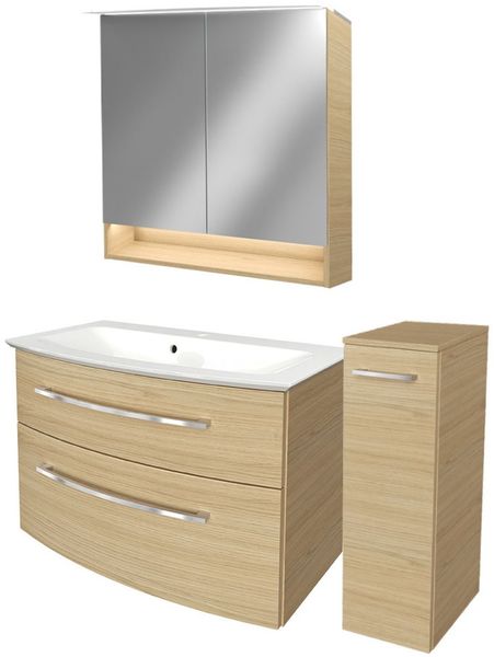 FACKELMANN B.STYLE Badmöbel Set 4-teilig 83 cm breit, Braun, Waschbecken Gussmarmor Weiß + LED-Spiegelschrank + Midischrank Türanschlag rechts