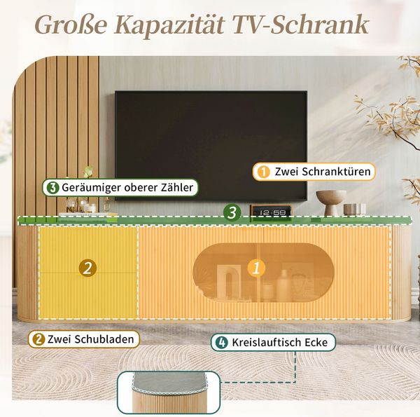TV-Schrank mit Glasvitrine & 3D-Türfronten, 172 x 38 x 45,5 cm, Natur Bild 9