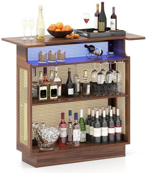 COSTWAY Bartisch, LED Hausbar Weinschrank Rattan mit 3-reihigen Glashaltern