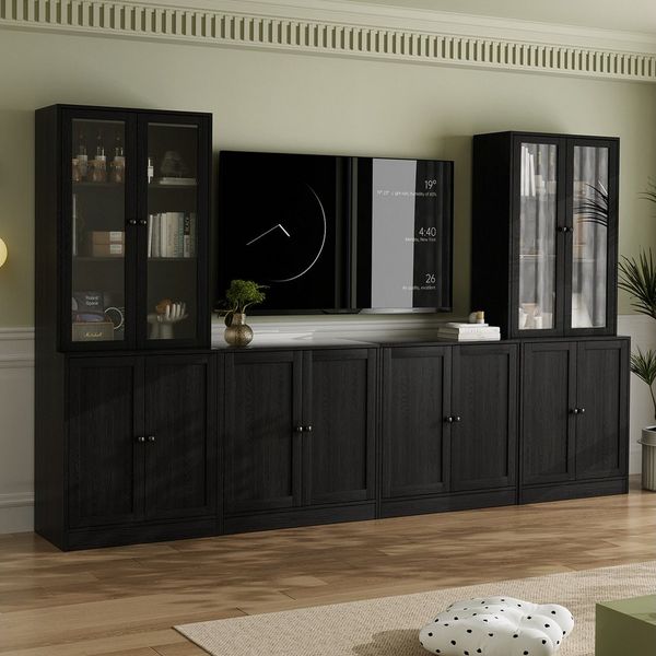 VOWNER TV-Schrank mit Bücherregalen für Fernseher bis zu 70 Zoll, 280 cm TV-Ständer (4-St) Wohnzimmer-Fernsehschrank mit gehärteten Glastüren und Einlegeböden