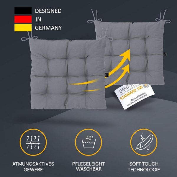 LILENO HOME Stuhlkissen Sitzkissen für Gartenstuhl, Küchenstuhl oder Esszimmerstuhl 40x40x6 cm, Bequeme Indoor u. Outdoor Stuhlauflage als Stuhl Kissen Mittelgrau