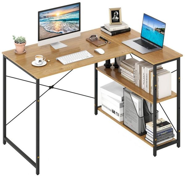 COSTWAY Eckschreibtisch, L-förmiger Schreibtisch mit regal, holz, natur