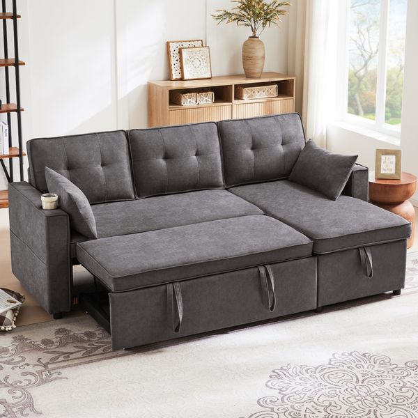 L-förmiges Schlafsofa Grau, 211x130x86 cm, 3-Sitzer mit Stauraum & Getränkehaltern