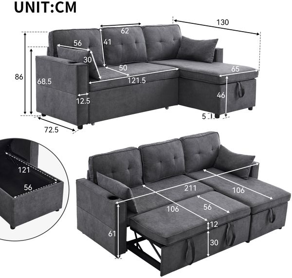 L-förmiges Schlafsofa Grau, 211x130x86 cm, 3-Sitzer mit Stauraum & Getränkehaltern Bild 10