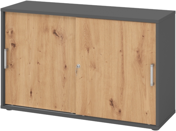 bümö Schiebetürenschrank 2OH - Aktenschrank abschließbar, Sideboard Schrank mit Schiebetüren in Graphit/Asteiche, Chromgriff - Büroschrank aus Holz mit Schiebetür, Büro Kommode für Ordner & Co, 1752S-G-R-CE