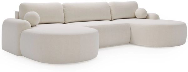 GrainGold Ecksofa U-Form AURIO mit Schlaffunktion und Bettkasten - Weiß, Universal, Wellenfedern, T30-Schaum