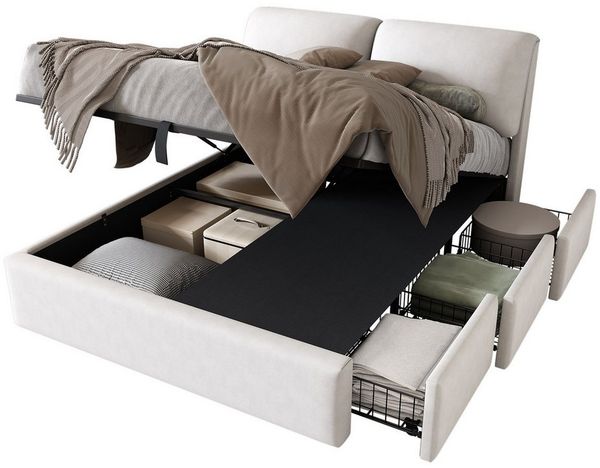REDOM Polsterbett Hydraulisches Bett (180*200cm, ohne Matratze), mit 3 Schubladen,Bettkasten zur Aufbewahrung,Lattenrost mit Kopfteil