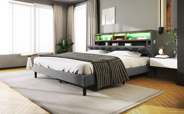 Polsterbett 140x200 cm mit Stauraum-Kopfteil und intelligenter LED-Beleuchtung, Rahmen aus Holzmaterial, Grau