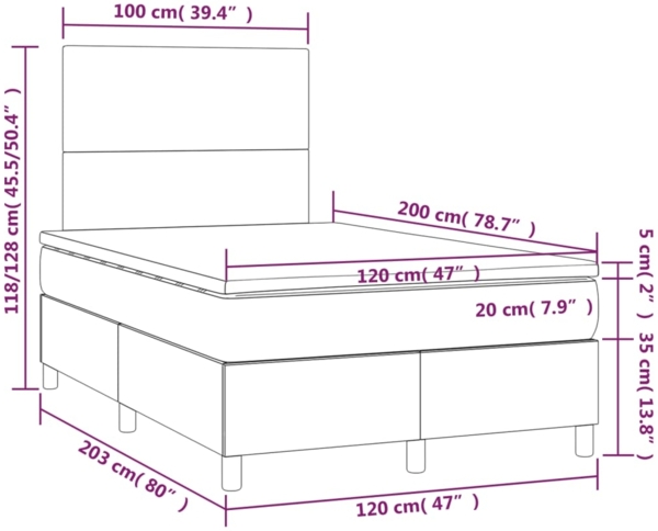 vidaXL Boxspringbett mit Matratze & LED Samt Dunkelgrau 120x200 cm, Härtegrad: H2 [3135994] Bild 7