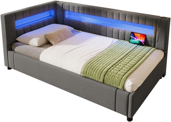 Merax Polsterbett, Hydraulisch, mit USB & TYPE-C, mit LED, mit Stauraum, Leinen Grau, 90x200cm