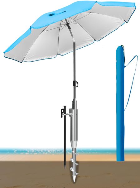4smile Sonnenschirm Strand 3-IN-1-SET Ø 180 cm, Strandschirm Windfest Stabil mit Eindrehbodenhülse & Schirmhülle, Sonnenschutz mit UV Schutz 50+, Fb. Blau, Höhenverstellung & Neigefunktion