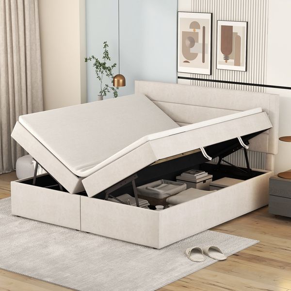 =WX000503AAA Polsterbett, 200x140cm, Doppelbett mit Lattenrost aus Metallrahmen, Großer Stauraum, Beidseitig zu öffnen, Beige