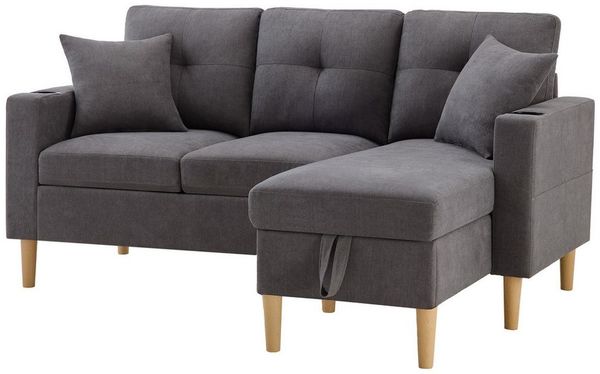 OKWISH Ecksofa L-förmiges 3-Sitzer-Sofa, Freizeitsofa, mit integriertem Getränkehalter, 2 Kissen