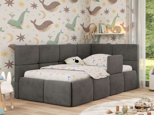 Jugendbett, Kinderbett mit Kopfteil ARVO ALTA 90x200 cm, Polsterbett mit Stauraum, hoher Schlafkomfort - Dunkelgrau Velvet - Rechts - VIRE LUX