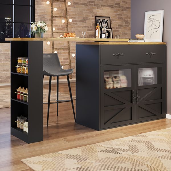 Bartisch aus MDF, ausziehbar & 360° drehbar mit Stauraum, 138-204x39x104 cm, Schwarz