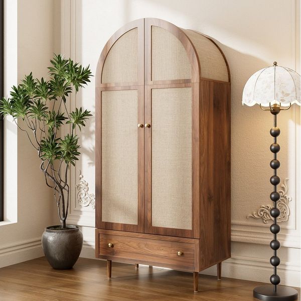 REDOM Kleiderschrank mit massiven Holzfüßen (Garderoben-Set, 1-St, Walnussoptik) Stofftüren, Schublade
