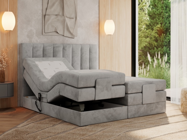 Boxspringbett mit elektrisch verstellbaren Matratzen, zwei Bettkästen und einem Topper - COMFORTO - 140 x 200 cm - Hellgrau Velvet - H3