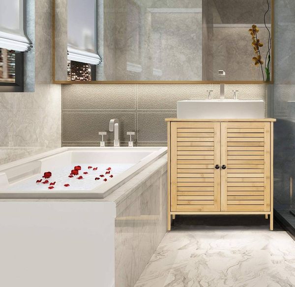 EUGAD Badezimmer Badmöbel Set Waschbeckenunterschrank Unterschrank Badezimmerschrank mit Spiegelschrank Hängeschrank für Bad Bambus Model 6