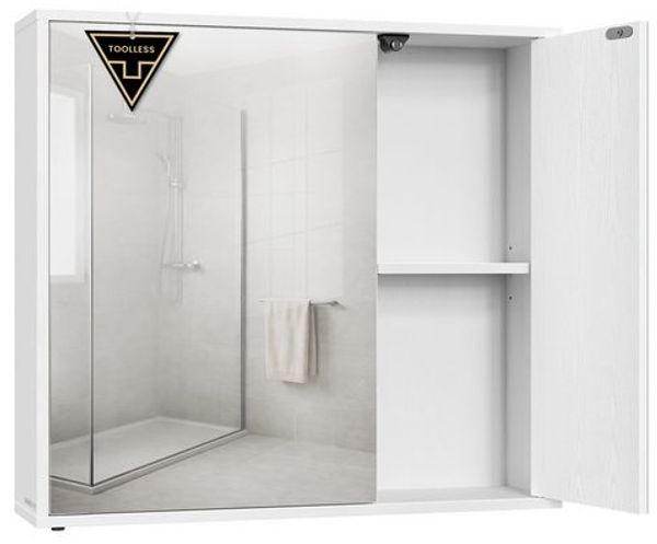 Badezimmerschrank mit Spiegel, Toolless-Technologie, superschnelle werkzeuglose Montage, Spiegelschrank, modern, weiß