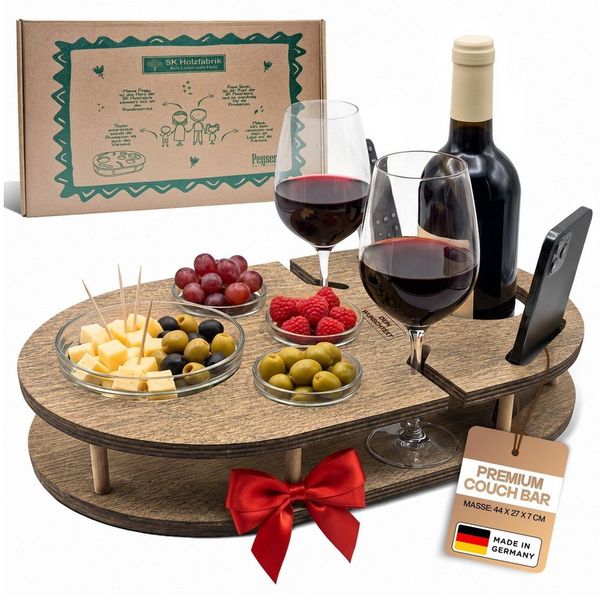 PEGSEN Servier-Set Weinbar Couchbar mit 4 Glasschalen, Birkenholz, Weingläser & Snacks stehen stabil und sicher