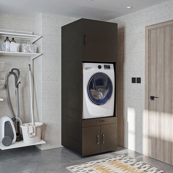 Roomart Waschmaschinenschrank 205 cm – Überbau, Ausziehbrett, Schublade | • Schwarz-Eiche