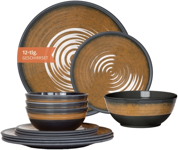 Moritz Camping Tafelgeschirr aus Melamin für 4 Personen 12-teilig | spülmaschinenfest | Picknick Geschirrset | Geschirr Campinggeschirr I Stone Curry Design