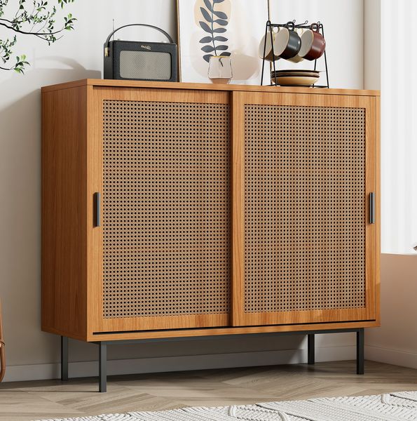 Sideboard mit Rattan-Schiebetüren, 100 x 37 x 90 cm, Walnuss