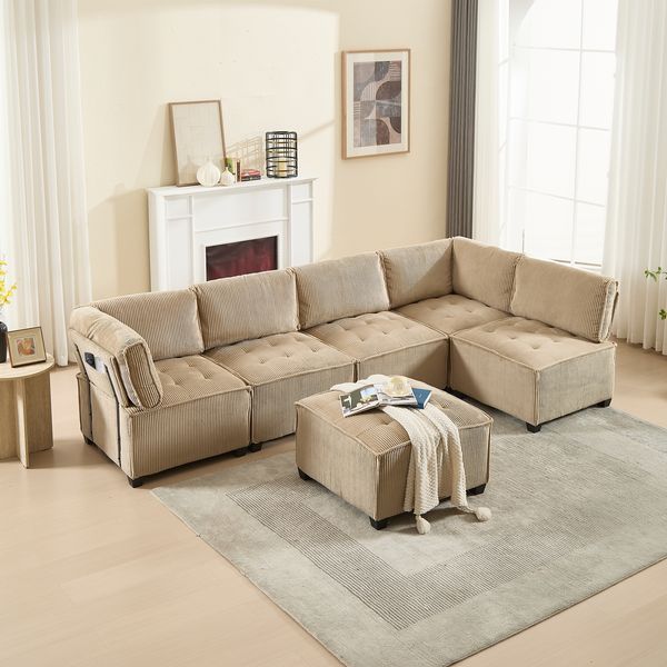 Modulares 6-Sitzer-Sofa aus Cord, flexibel als U-Form/L-Form/Schlafsofa, 308x154x81,99 cm, Khaki