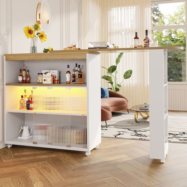 Ausziehbarer Bartisch 138-204x39x105 cm mit LED-Beleuchtung & Rollen, Weiß
