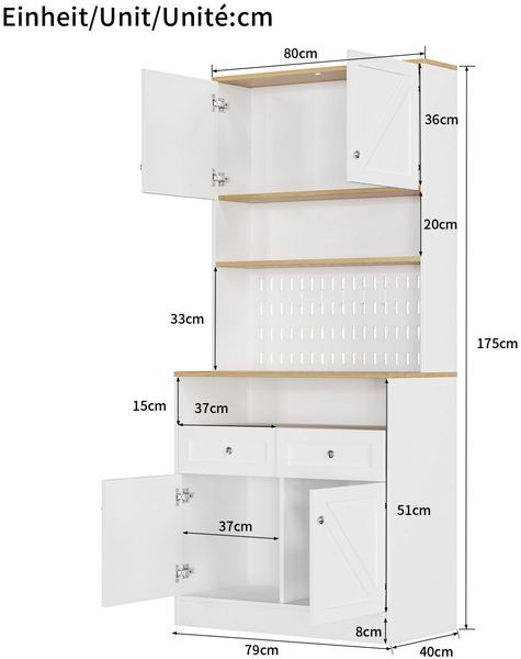 Sideboard 80 x 40 x 175 cm im Scheunentor-Design mit Lochwand, Schubladen und Stauraum in Weiß und Natur Bild 10