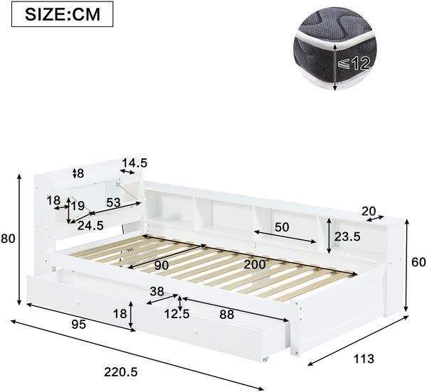 Merax Einzelbett 90x200cm, Paneelbett, Kopfteil mit Ablagefach + 2 Leuchten, mit Ladebuchse, seitlichen Stauschränken und Schubladen, Weiß Bild 4