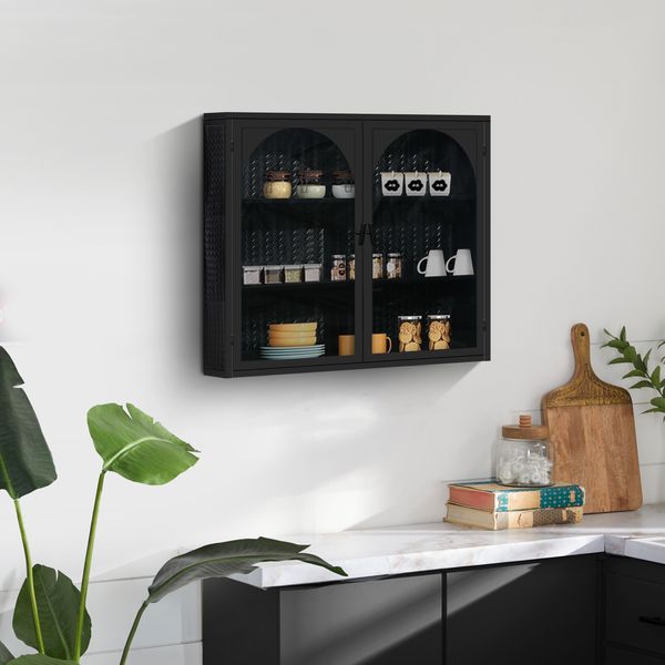 Wandschrank mit Glastüren & 3 Ablagen, 60 x 70 x 23 cm, Schwarz