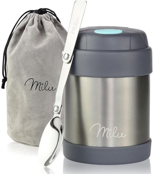 Milu Thermobehälter Edelstahl Thermobehälter Lunchbox für Kinder, auslaufsicher, mit Löffel, Grau