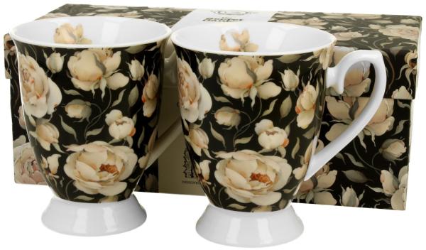 DUO FLORAL 2er-Set königliche Tassen 300 ml ENGLISH ROSES BLACK New Bone China Porzellan