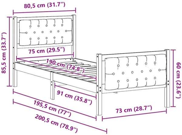 vidaXL Bettrahmen mit Kopfteil Taupe 75 x 190 cm Massives Kiefernholz 878442 Bild 10