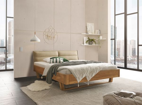 TJARK Modernes Massivholzbett 180x200 - Komfortables & hochwertiges Balkenbett mit gepolstertem Kopfteil - 186 x 89 x 219 cm (B/H/T)