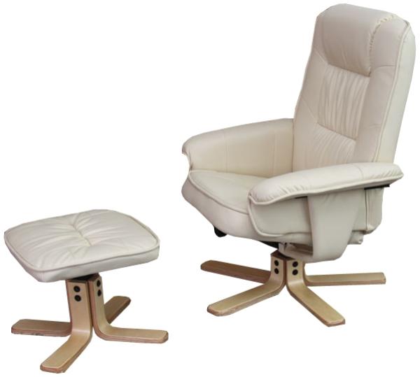 Relaxsessel M56, Fernsehsessel TV-Sessel mit Hocker Ottomane, Kunstleder Eukalyptus Holz FSC®-zertifiziert ~ creme