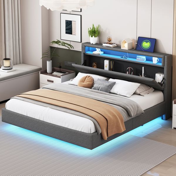 Polsterbett 160x200 cm mit USB-Steckdose und LED-Licht, wendbares Kopfteil, verdecktes Fußteil, Doppelflachbett, Jugendbett, Erwachsenenbett, Leinenstoff grau