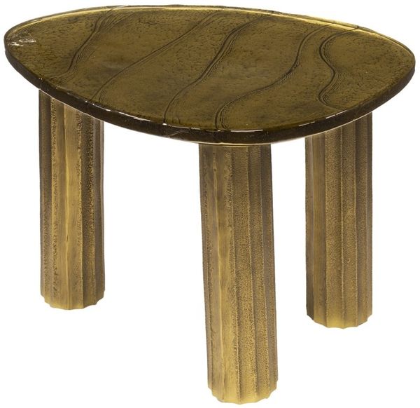 Couchtisch Klidun Glas und Aluminium, modern organisch, Antikgold, Größe S, einzigartige Wellenstruktur