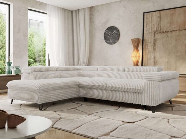 MKS Möbel 'Pablo L-Form' Ecksofa mit Schlaffunktion, verstellbare Kopfstützen, Beige, Cordstoff, ohne Topper, Links